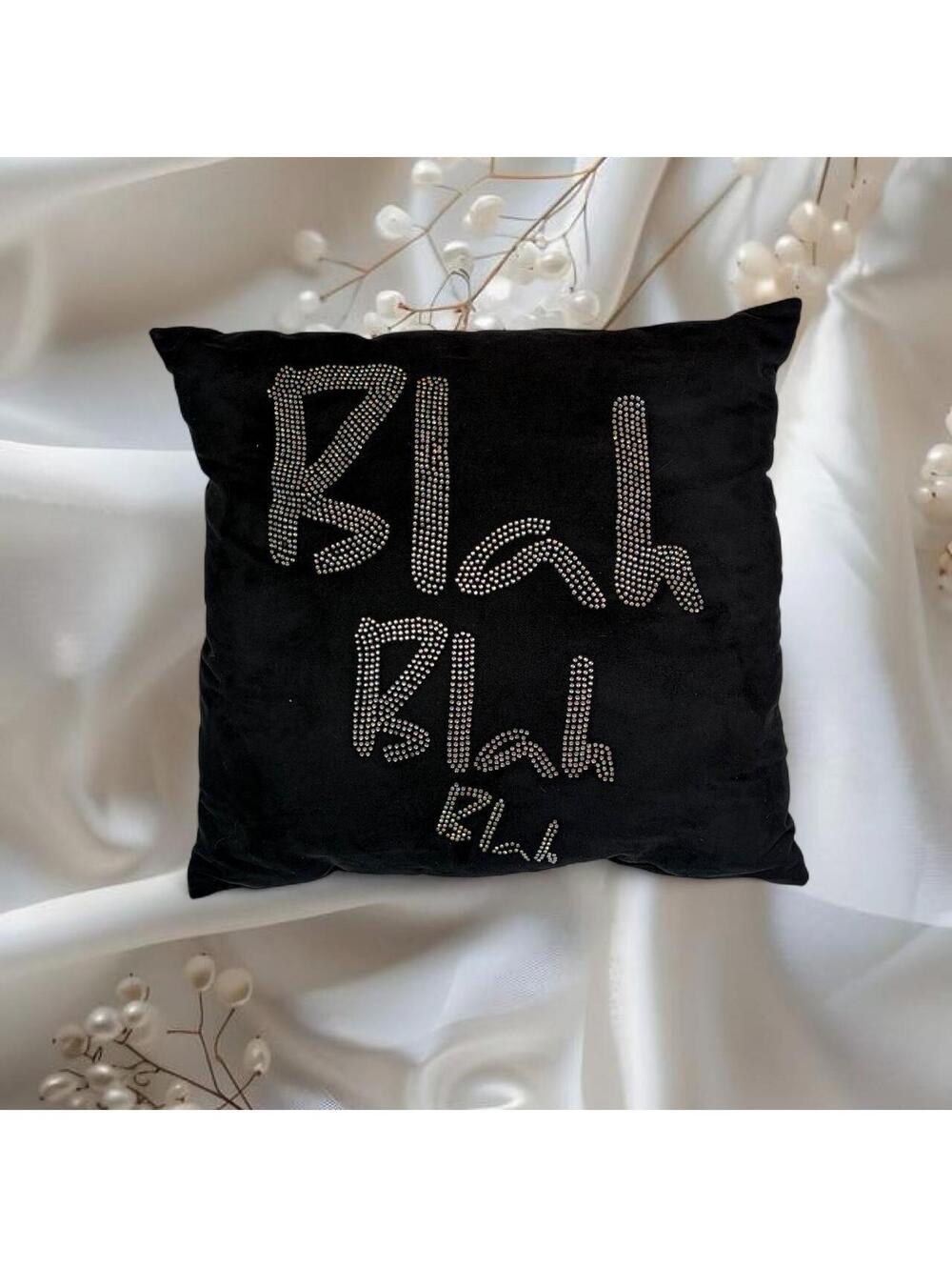 RHINESTONE “BLAH BLAH” VELVET THROW PILLOW Y2K BLACK
